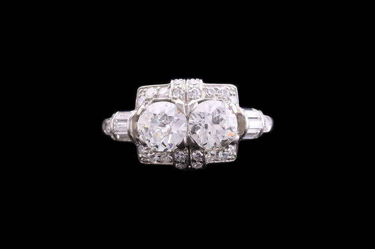 Art Deco Platinum Diamond Two Stone Dress Ring