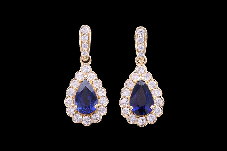 18ct Yellow Gold Diamond and Sapphire Pear Cluster Drop Earrings