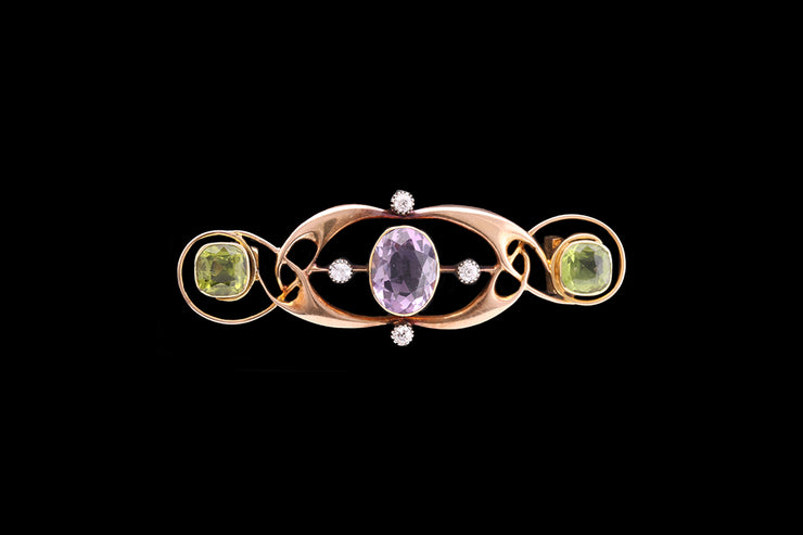 Victorian 15ct Yellow Gold Amethyst, Diamond and Peridot Suffragette Brooch