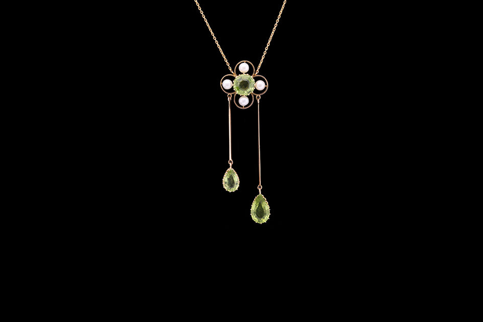 9ct Yellow Gold Peridot and Seed Pearl Floral Drop Pendant – Mortimers ...