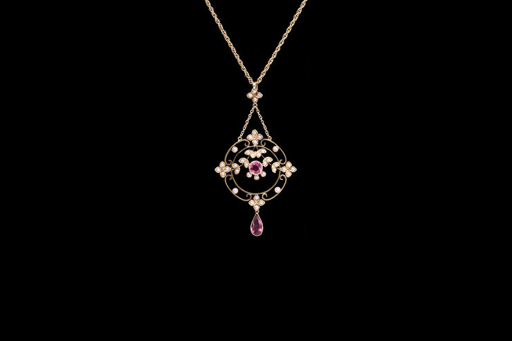 Victorian 15ct Yellow Gold Pink Tourmaline and Seed Pearl Decorative Pendant