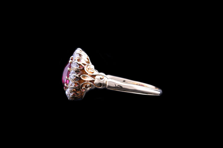 Victorian 18ct Yellow Gold Diamond and Thai/Cambodian Ruby Oval Custer Ring