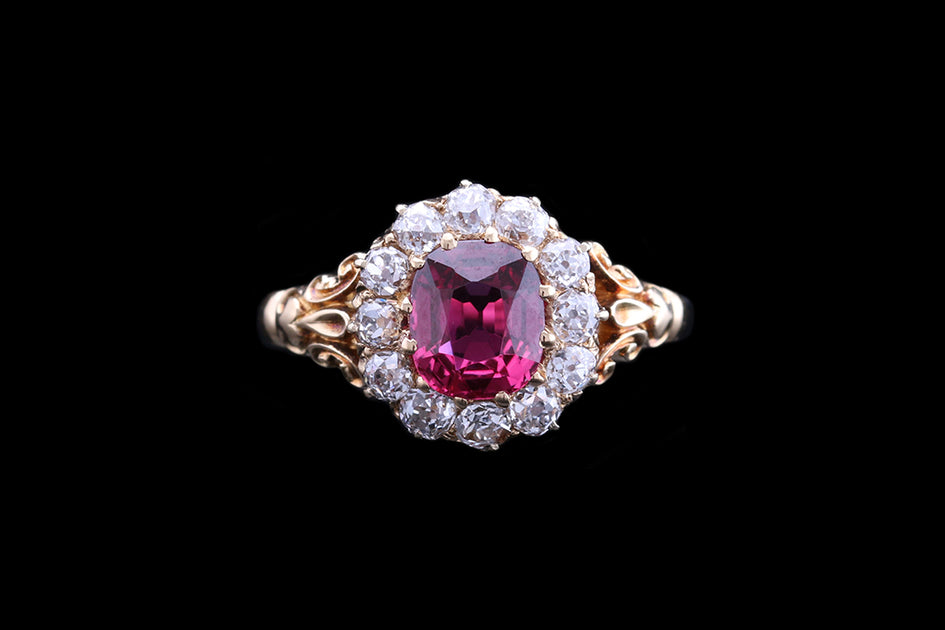 Victorian 18ct Yellow Gold Diamond and Thai/Cambodian Ruby Oval Custer ...