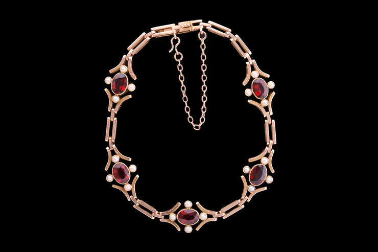 Edwardian 15ct Yellow Gold Garnet and Seed Pearl Bracelet