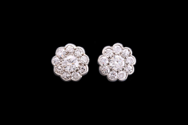 Art Deco 18ct Yellow Gold and Silver Diamond Daisy Cluster Stud Earrings