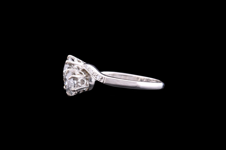 Art Deco Platinum Diamond Two Stone Twist Ring with Diamond Shoulders