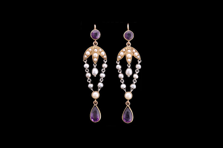 Edwardian 18ct Yellow Gold and Platinum Amethyst and Seed Pearl Drop Earrings