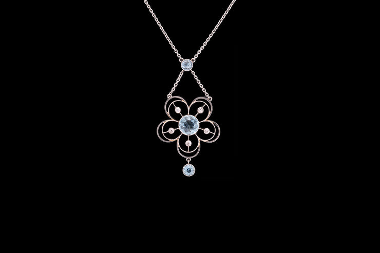 Edwardian Platinum and 18ct Yellow Gold Diamond and Aquamarine Decorative Pendant