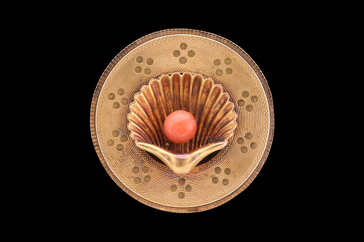 Victorian 15ct Yellow Gold Coral Shell Brooch