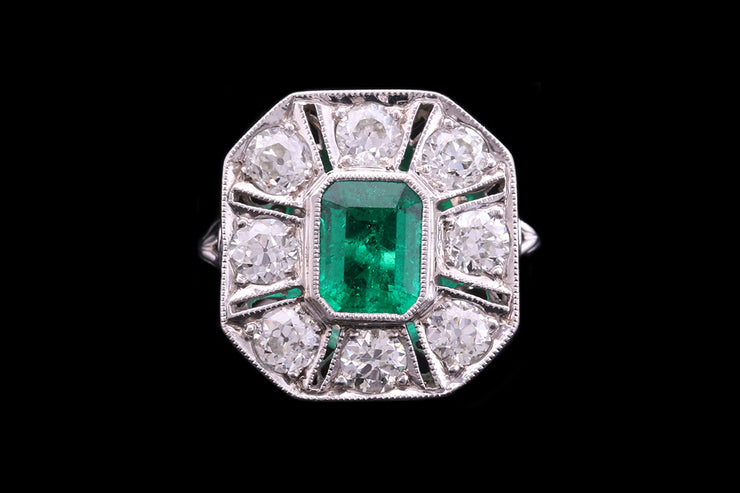 Platinum Diamond and Colombian Emerald Rectangular Dress Ring