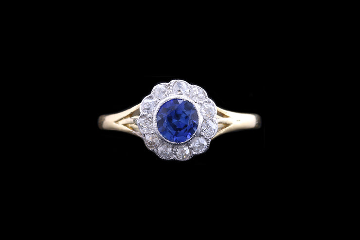 Edwardian 18ct Yellow Gold Diamond and Sapphire Round Cluster Ring with Split Shoulders