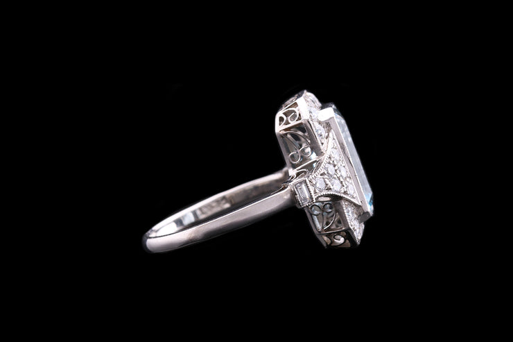 Platinum Diamond and Aquamarine Dress Ring with Diamond Shoulders