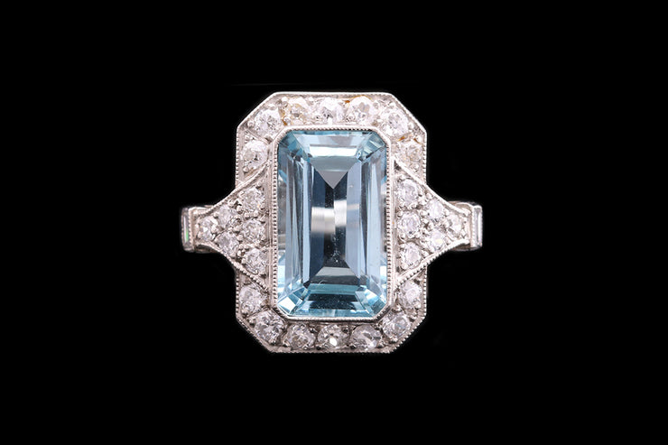 Platinum Diamond and Aquamarine Dress Ring with Diamond Shoulders