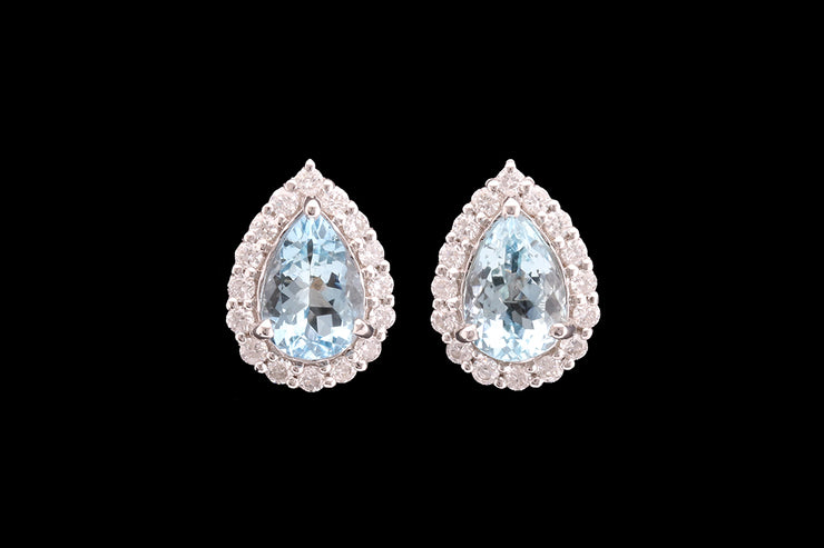 18ct White Gold Diamond and Aquamarine Pear Cluster Stud Earrings