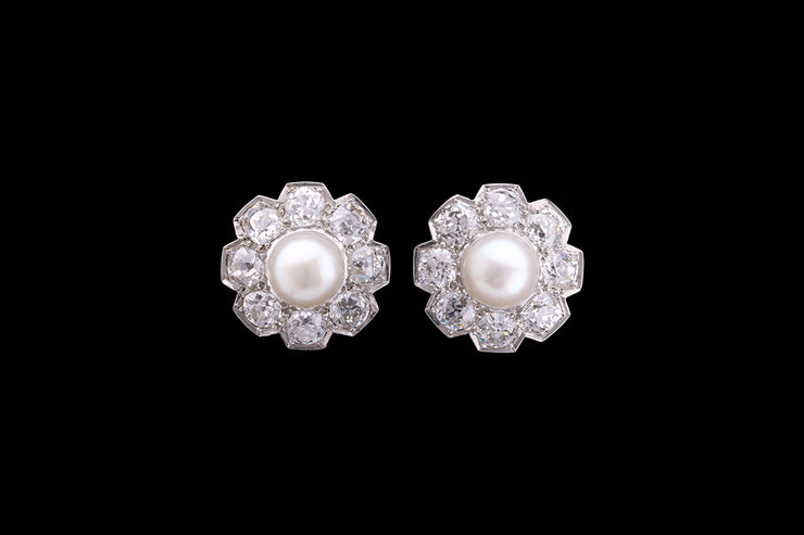 Platinum Diamond and Cultured Pearl Cluster Stud Earrings