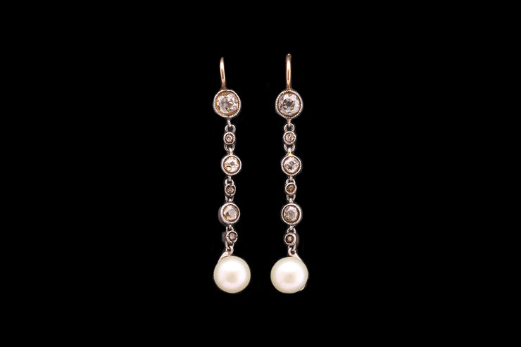 Edwardian 18ct White Gold and Yellow Gold Diamond and Cultured Pearl Drop Earrings