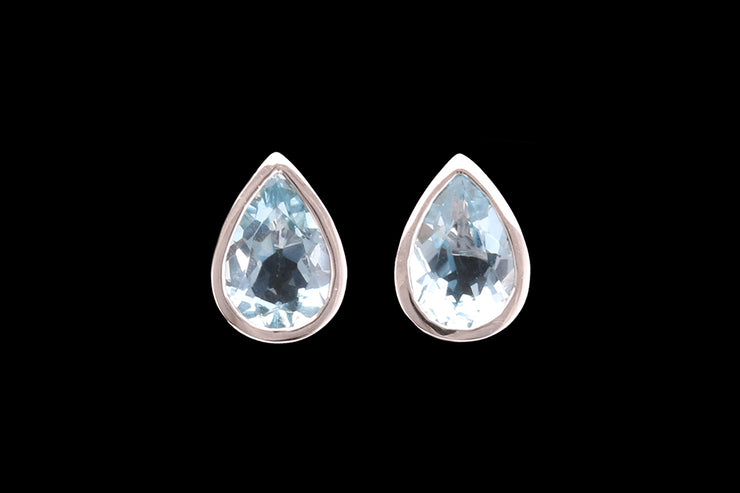 9ct White Gold Aquamarine Pear Solitaire Stud Earrings