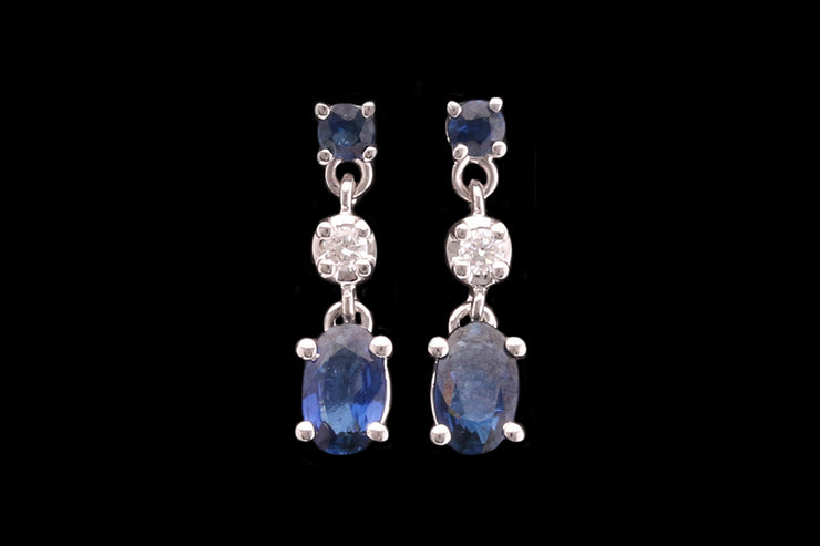 18ct White Gold Diamond and Sapphire Drop Earrings