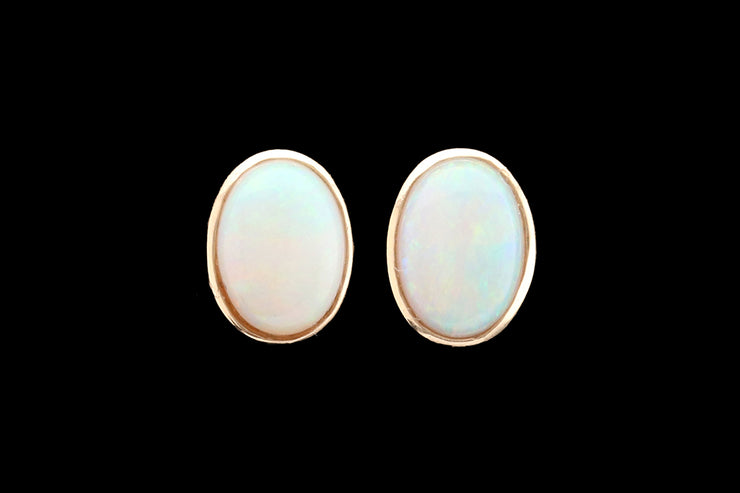 9ct Yellow Gold Opal Oval Solitaire Stud Earrings