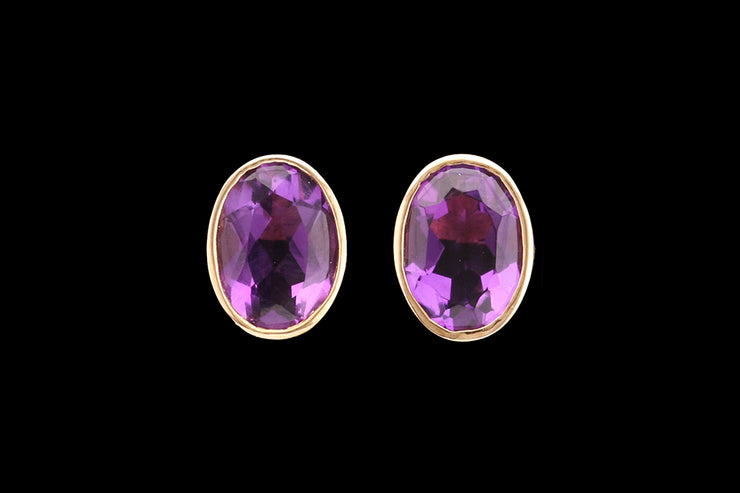 9ct Yellow Gold Amethyst Oval Solitaire Stud Earrings