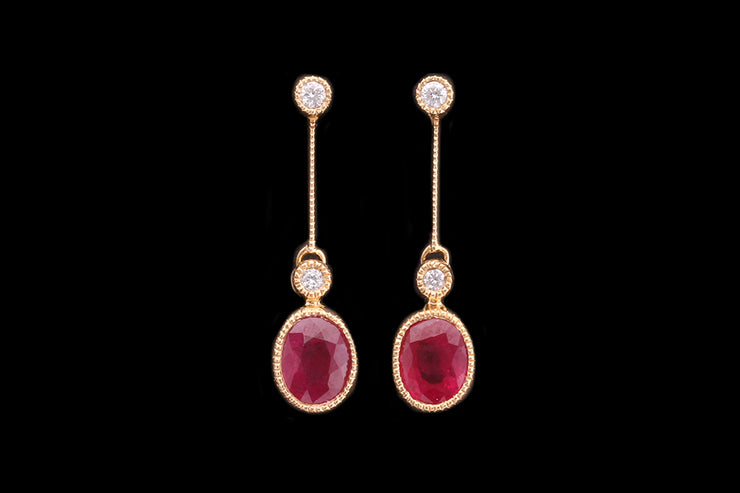 18ct Yellow Gold Diamond and Ruby Drop Earrings