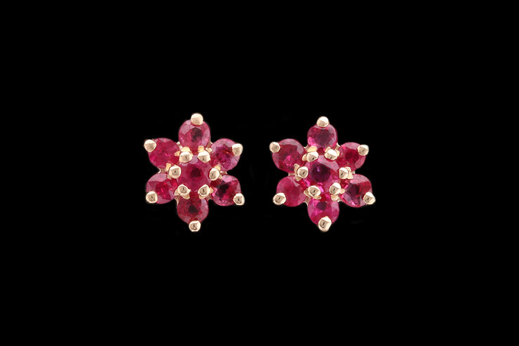 9ct Yellow Gold Ruby Flower Cluster Stud Earrings