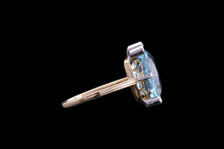 French Edwardian 18ct Yellow Gold and Platinum Diamond and Aquamarine Dress Ring