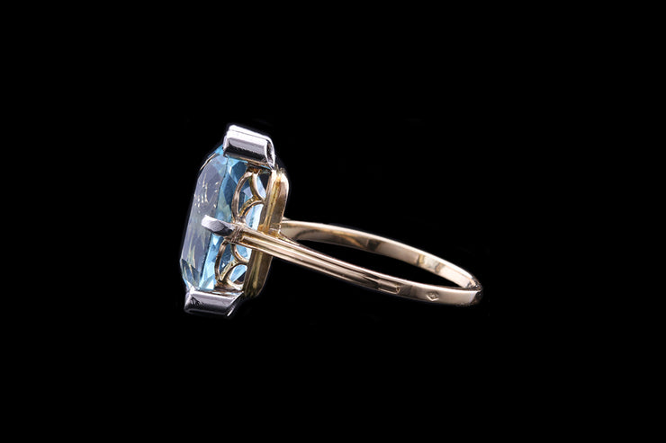 French Edwardian 18ct Yellow Gold and Platinum Diamond and Aquamarine Dress Ring