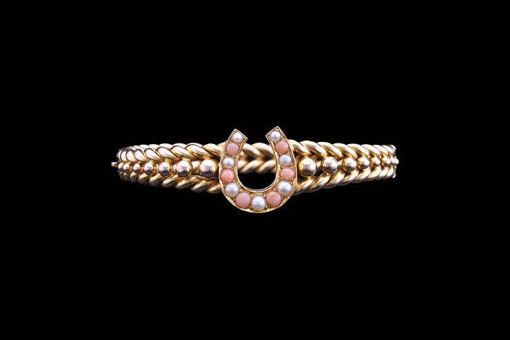 Victorian 15ct Yellow Gold Coral and Pearl Horseshoe Bangle