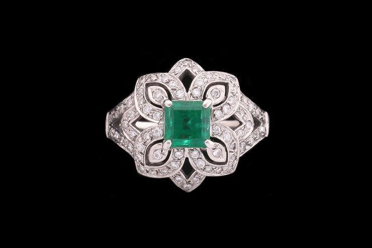 18ct White Gold Diamond and Emerald Decorative Dress Ring