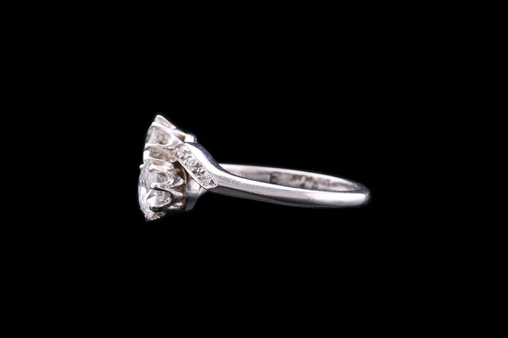 Edwardian Platinum Diamond Two Stone Twist Ring with Diamond Shoulders