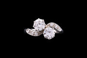 Edwardian Platinum Diamond Two Stone Twist Ring with Diamond Shoulders