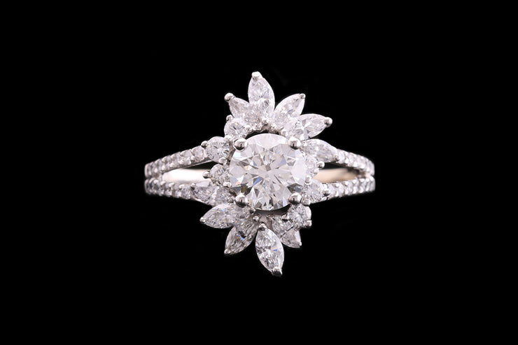 18ct White Gold Diamond Cluster Ring with Diamond Split Shoulders