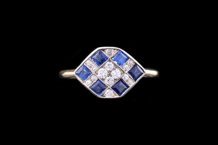 Art Deco 18ct Yellow Gold and Platinum Diamond and Sapphire Dress Ring