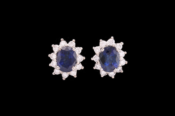 18ct White Gold Diamond and Sapphire Oval Cluster Stud Earrings