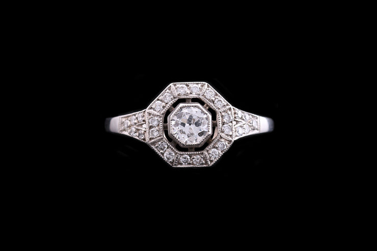 Art Deco Platinum Diamond Octagonal Dress Ring with Diamond Shoulders