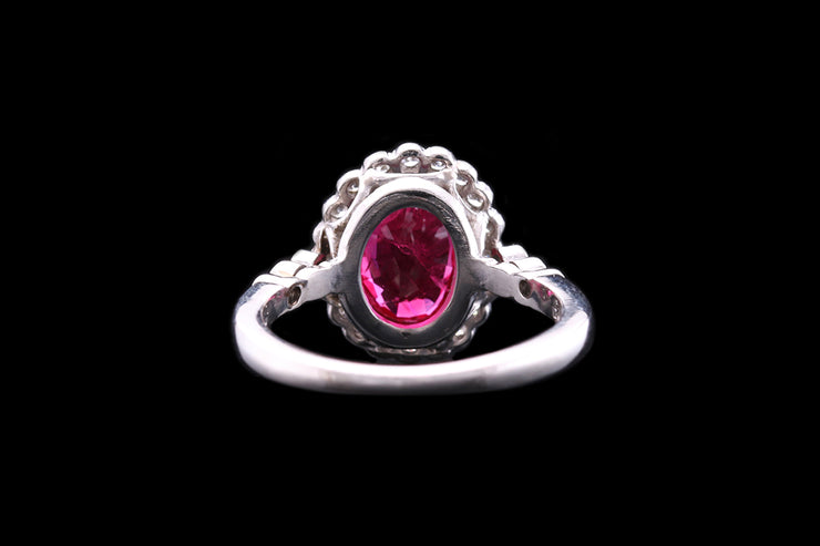 Platinum Diamond and Burmese Ruby Oval Cluster Ring with Diamond Shoulders