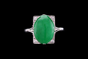 Art Deco 18ct White Gold Diamond and Jadeite Dress Ring with Split Shoulders