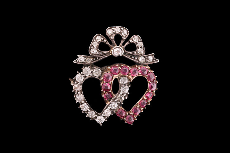 Victorian 18ct Rose Gold and Silver Diamond and Ruby Lovers Heart and Bow Brooch