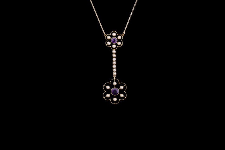 Victorian 15ct Yellow Gold Amethyst and Seed Pearl Drop Pendant