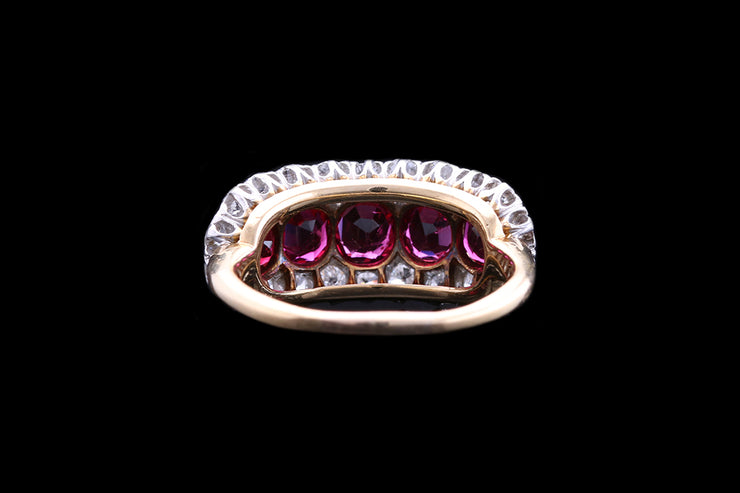 Edwardian 18ct Yellow Gold Diamond and Ruby Five Stone Cluster Ring