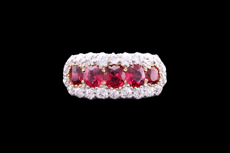 Edwardian 18ct Yellow Gold Diamond and Ruby Five Stone Cluster Ring