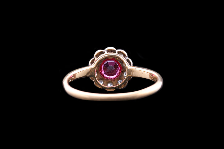 Edwardian 18ct Yellow Gold Diamond and Pink Spinel Flower Cluster Ring