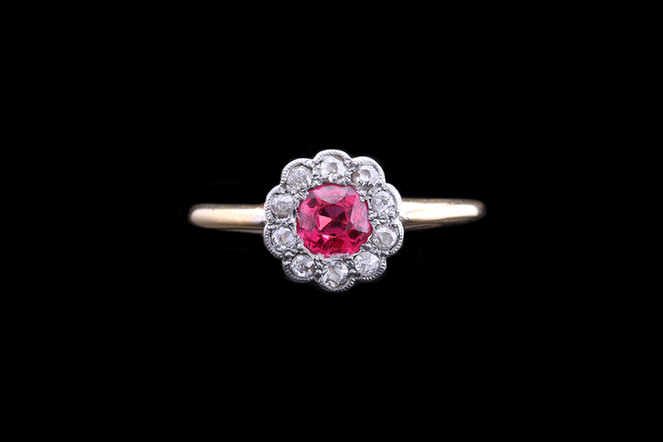 Edwardian 18ct Yellow Gold Diamond and Pink Spinel Flower Cluster Ring