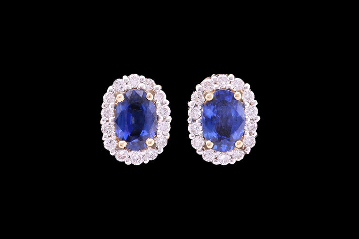 18ct Yellow Gold Diamond and Sapphire Oval Cluster Stud Earrings