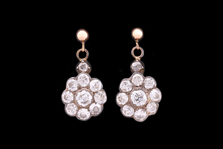 Victorian 18ct Yellow Gold and Silver Diamond Daisy Cluster Drop Earrings