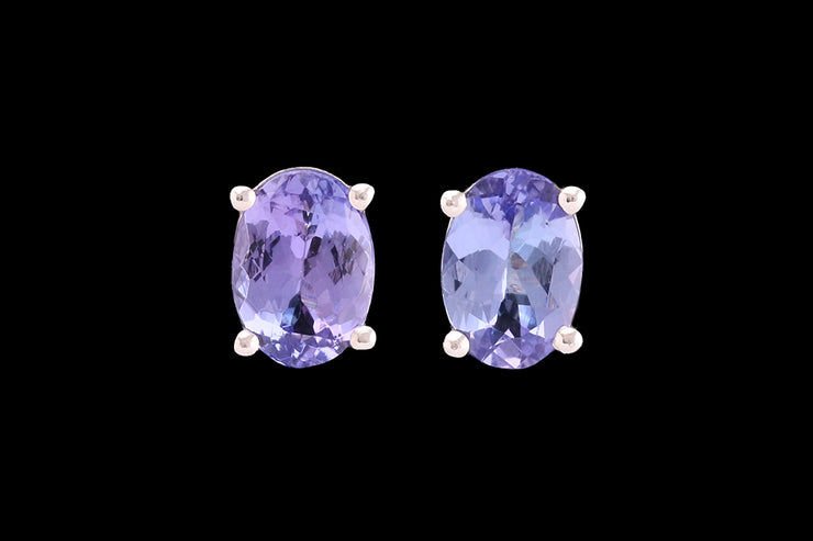 9ct White Gold Tanzanite Oval Solitaire Stud Earrings