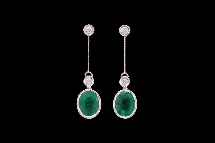 18ct White Gold Diamond and Emerald Drop Earrings