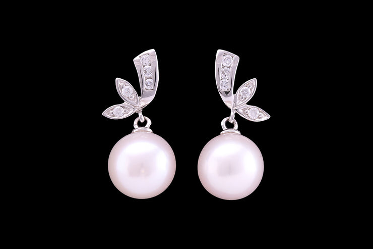 9ct White Gold Diamond and Cultured Pearl Drop Earrings