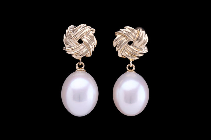 9ct Yellow Gold Freshwater Pearl Knot Style Drop Earrings